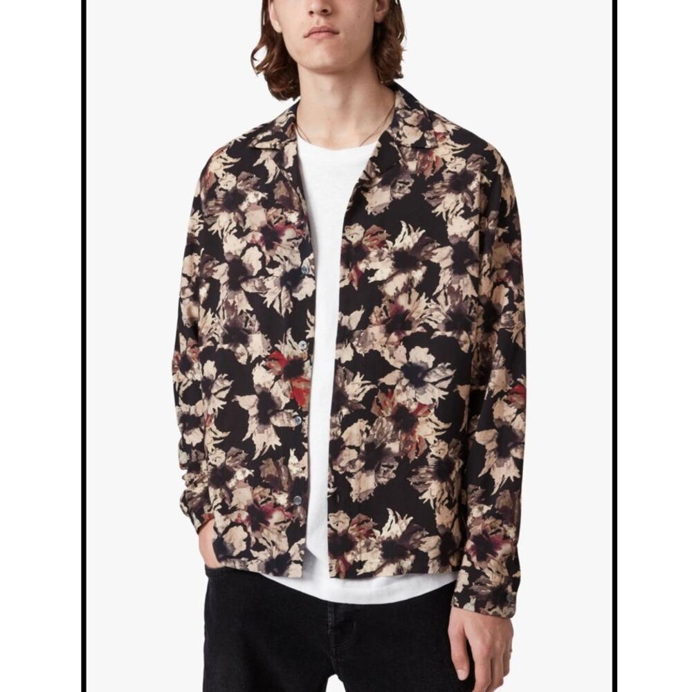 All Saints Floral Button Down Shirt - Black and Tan